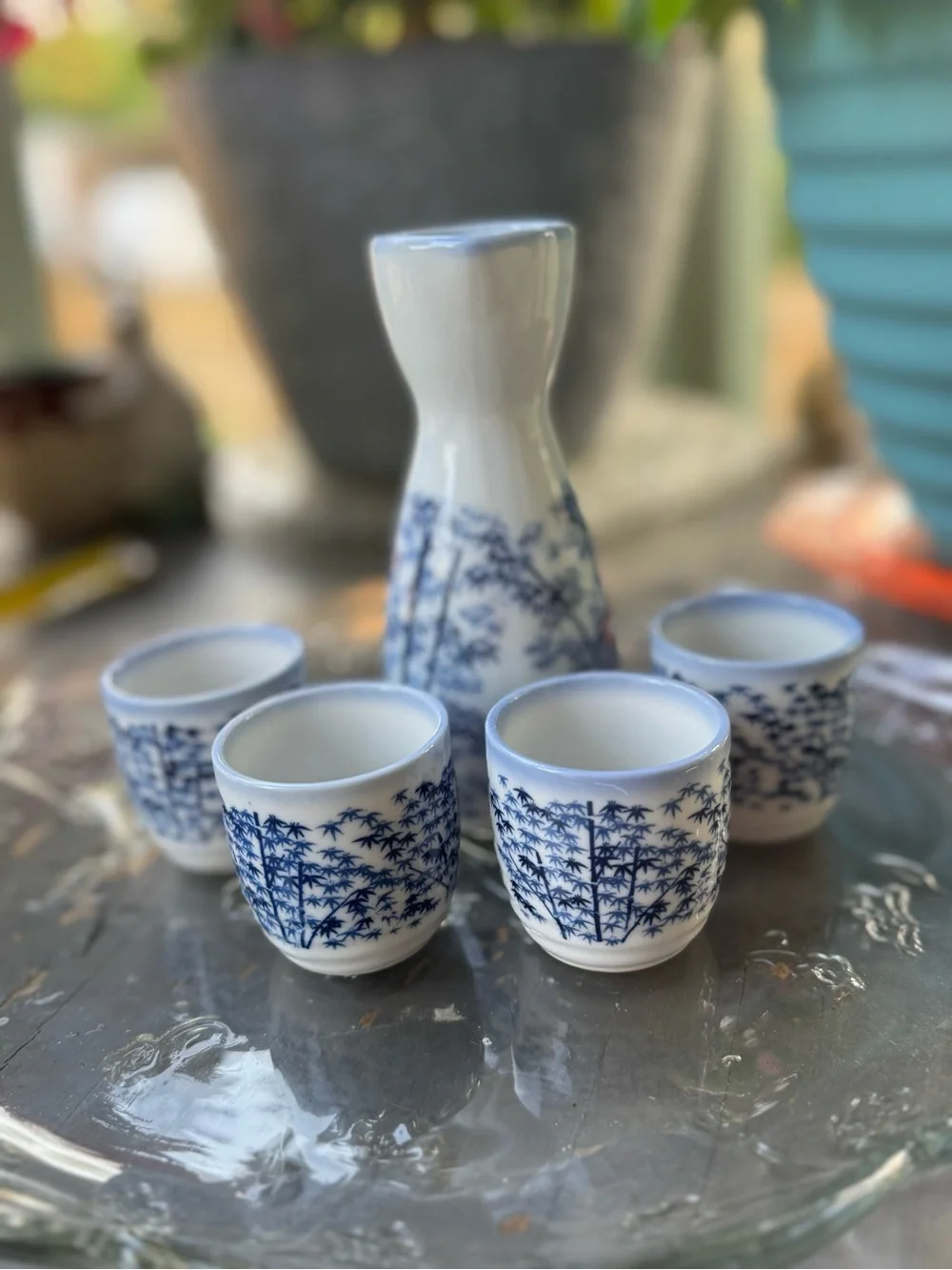 Kafuh Japan Blue & White Bamboo Porcelain Vintage Sake Set - 5 Pc